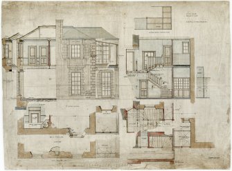 Ayton House. Detail of new additions including stairs, ground floor, first floor, exterior elevation.