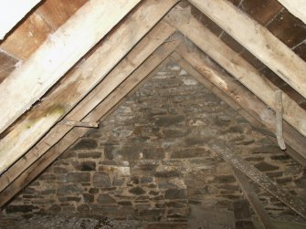 Historic building survey, Building B Room 4 Byre, E interior elevation, View of un-limewashed gable interior, Kelton Mill Kennels, Threave Estate, Dumfries and Galloway
