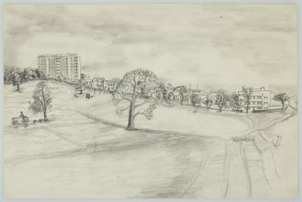 Drawing of playing fields of The Mary Erskine School, Ravelston, Edinburgh in the former garden of Ravelston House with 33-48 Ravelston Gardens on right. 