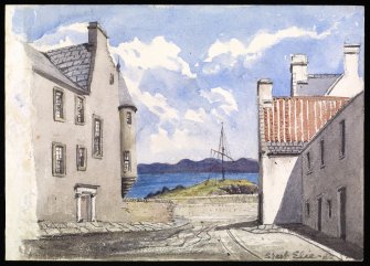 Perspective view looking S showing Wynd House (left), Wynd Lodge and 9 Rankeillor Street (right) inscribed 'Street, Elie, WL'.