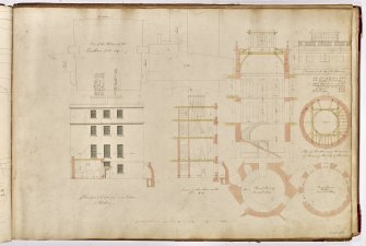 Roxburghshire, Minto House. Elevation of East end incorporating section of kitchen; section of flues; plans, section and elevation of staircase.