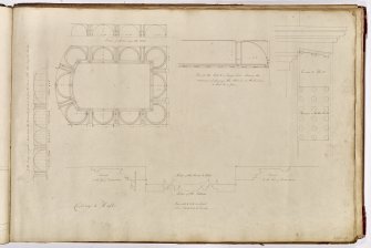 Roxburghshire, Minto House. Hall ceiling details: plan, elevation, section of arches, section of border and ribs, profiles of cornice moulding.