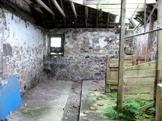 Historic building survey, E interior wall with W facing window, wooden rafters of roof, drain and wooden stalls shown, The Steading, Eastfield Road, Edinburgh