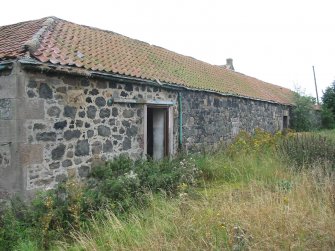 Historic building survey, N exterior wall of cart-house with doorway and adjoining N exterior wall of cattle-byre with entrance, The Steading, Eastfield Road, Edinburgh
