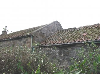 Historic building survey, E facing side of tile roof of cattle byre and adjoining N gable wall of apartments M and N with tile roof and chimney shown, The Steading, Eastfield Road, Edinburgh