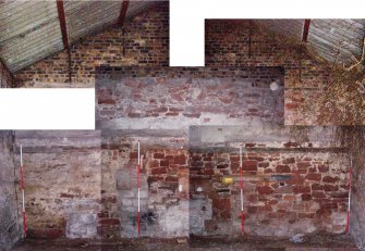 Historic building survey, Panorama survey of NE internal elevation gable, Co-op Building, West Barns, Dunbar, East Lothian