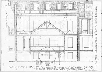 University of Edinburgh, George Square, Department of Psychology, Watson Building. Alterations phase I. NAL section W-E looking North through concourse showing spherical room and treadmill. 