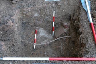 Evaluation photograph, Detail of trench looking W, Scales indicate brick drain, Lightning conductor trench, Haddo House, Tarves