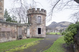 General view from west with views of burial ground and Arthur's Seat