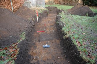 Evaluation photograph, Trench 1 looking N with feature 4 in foreground, Proposed play area, Brodie Castle, Moray