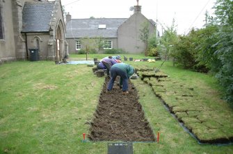 Excavation photograph, Trench 1 looking W, St Drostan's Episcopal Church, Old Deer