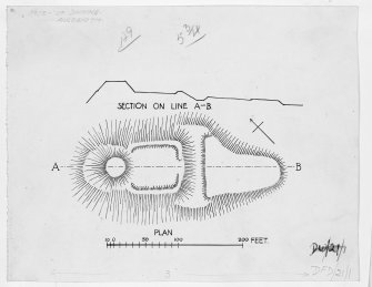 Publication drawing; plan & section of motte and bailey, Dinning (RCAHMS 1920 fig. 31)