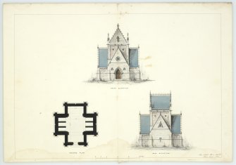Photographic copy of drawing showing ground plan and front and side elevations of Mausoleum, Forglen House.