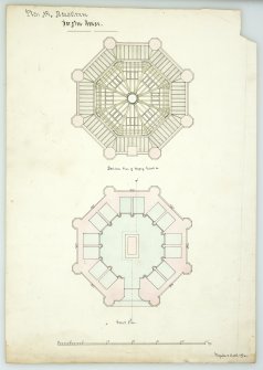 Photographic copy of drawing showing ground plan and skeleton plan of roofing and gutters of Mausoleum, Forglen House.