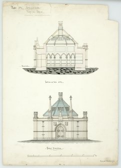 Photographic copy of drawing showing front elevation and section on line A.B. of Mausoleum, Forglen House.