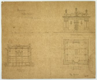 Photographic copy of drawing showing elevation, section and plan of Mausoleum, Forglen House.