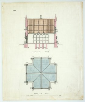 Photographic copy of drawing showing plan of roof and longitudinal section of Mausoleum, Forglen House.