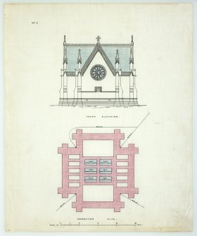 Photographic copy of drawing showing foundation plan and south elevation of Mausoleum, Forglen House.