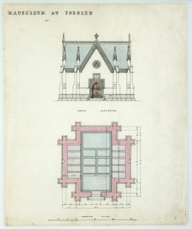 Photographic copy of drawing showing ground plan and north elevation of Mausoleum, Forglen House.