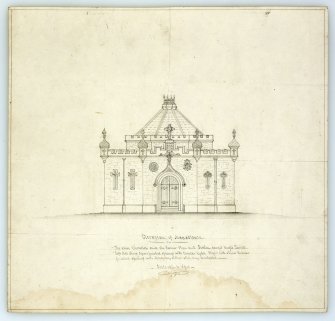 Photographic copy of drawing showing elevation of Mausoleum, Forglen House. Inscribed: 'The above elevation suits the former Plan and Section, except angle turrets. Left Side shows square finished openings with circular eyelet, Right Side shows circular finished openings with monogram; either style may be adopted. Scale 1 1/4 inch to 10 feet.'