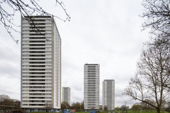 General view of tower blocks from River Kelvin Path in south. From left - 191, 120, 171, 151