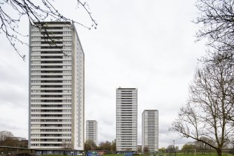 General view of relationship from River Kelvin Path in west. From left - 191, 120, 171, 151 Wyndford Road Tower Blocks