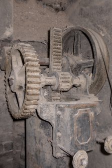 Interior. Sub-basement onto North Frederick Street. Detail view of hydraulic control valve. Rack slide visible in centre and rope wheel on right.