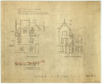 West elevation, elevation to High Street and plan of gable at A, British Linen Bank, Linlithgow.