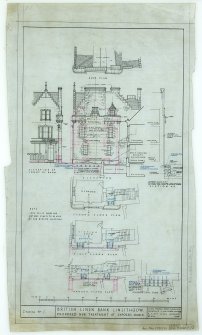Elevations, floor plans, roof plan, foundation plan and Section A.A., British Linen Bank, Linlithgow.