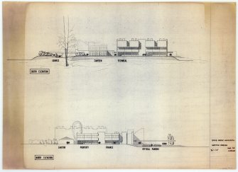 Project Architect work in office of Baxter Clark & Paul Dundee.
Livingston Development Corporation. Invited competition for Corporation HQ building, Livingston Village.
Sketch Design. North & south elevation.
