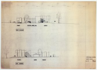 Project Architect work in office of Baxter Clark & Paul Dundee.
Livingston Development Corporation. Invited competition for Corporation HQ building, Livingston Village.
Sketch Design. East & west elevation.
