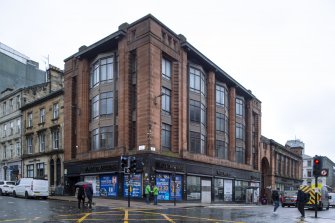 View of corner block from intersection at Bath St and Hope St from southeast