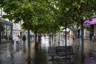 View of pedestrian area on Sauchiehall St alongside Watt Brothers