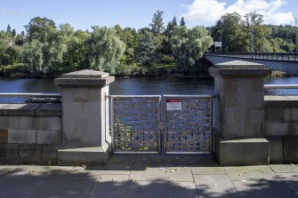 Perth, Tay Street sample decorative river gate looking east across the Tay towards Riverside Park on opposite bank.