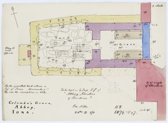 Drawing of 'Columba's Grave', Iona Abbey, showing plan of St Columba's Shrine and base of St John's Cross, with inscribed cross-slabs (now in Museum).