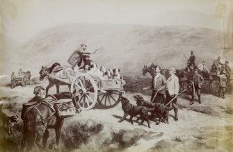 View of hunt with pack horses and dogs in carts. 
