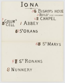 Plan of relative locations of Bishop's House, Abbey, St Mary's, St Ronan's and the Nunnery, Iona. 
