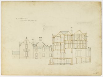 Drawing showing section through main building and West elevation of offices, Spottiswoode House.