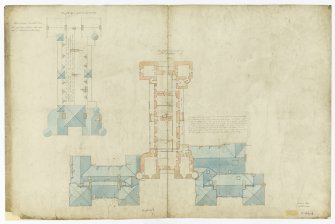 Drawing of Thirlestane Castle showing plans of upper bedroom floor and roof with additions and alterations.