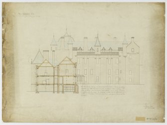 Drawing of Thirlestane Castle showing East elevation and section.