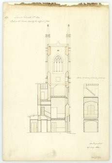 Drawing of St Peter's Church, Thurso, showing section through tower and the different floors.