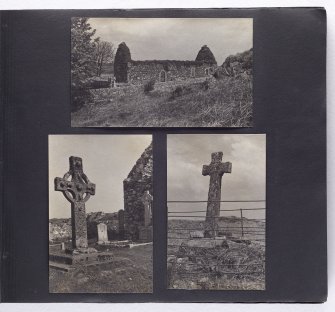 Violet Banks Photograph Album - Islay - Page 9 - View of Kildalton Chapel; Kildalton sculptured cross / High Cross; Kildalton, small cross. 