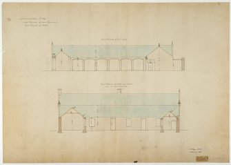 Drawing of Tynninghame House showing South elevation of coach houses and North elevation of stables. 