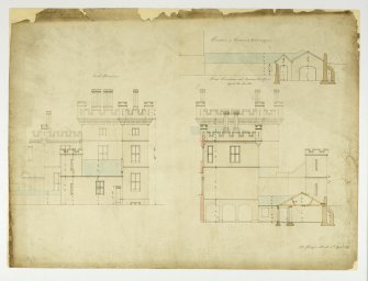 Drawing of Raehills House showing N and E elevations and elevation of entrance to kitchen offices.