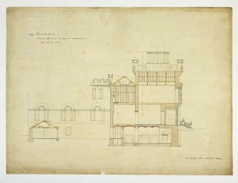 Drawing of Raehills House showing section through main building and kitchen court.