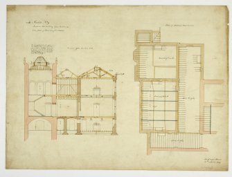Drawing of Raehills House showing section and plan of bedroom floor timbers.