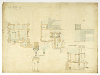 Drawing of Raehills House showing plans and section of wing.