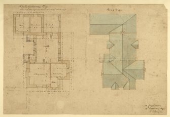 Drawing showing ground floor plan and roof plan of smith's house and workshop, Whittingehame House.