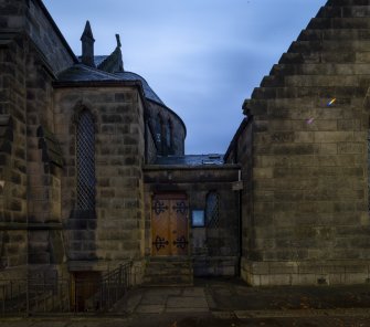 Detail of east entrance to halls