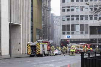 View from St. Andrew Square, from north east.  Showing emergency services attending fire at Jenners, former department store.